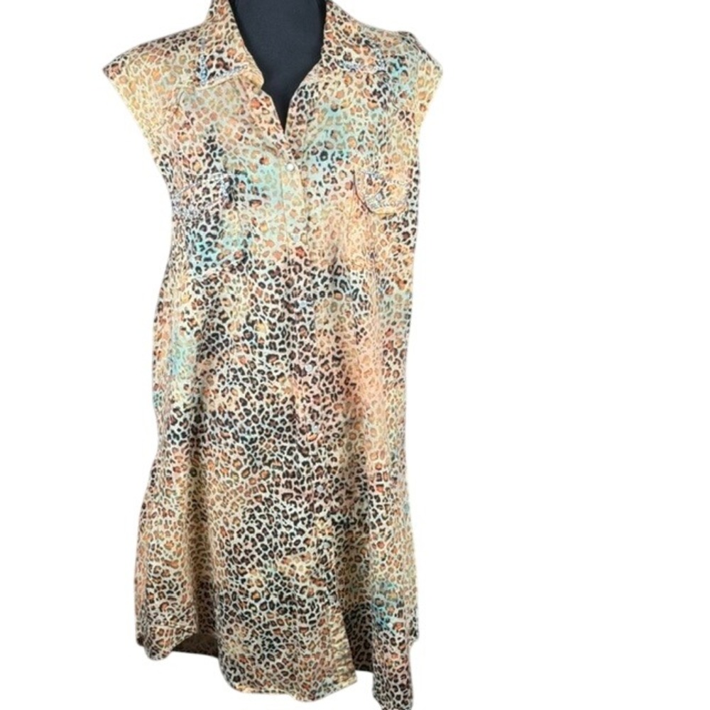 A Rare Bird Pearl Snap Leopard Print Rhinestone Sleeveless Tunic Top XXL Cotton